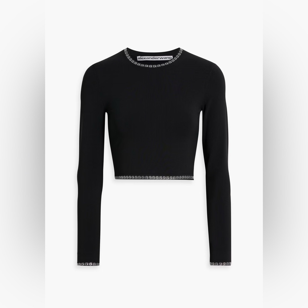 Alexander Wang Crystal Logo Embellished Trim Cropped Long Sleeve Top S